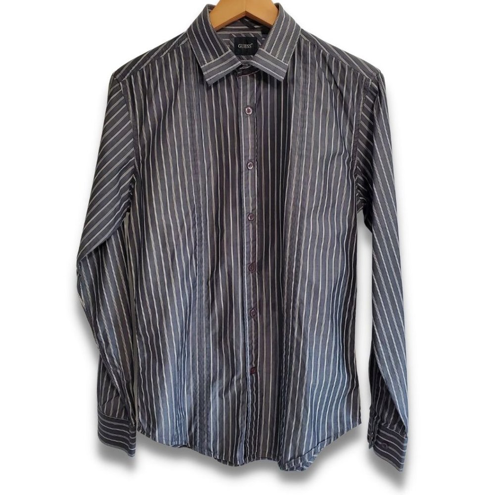 Guess Men's Small Grey Striped Slim Fit Long Sleeve Cotton Button-down Shirt